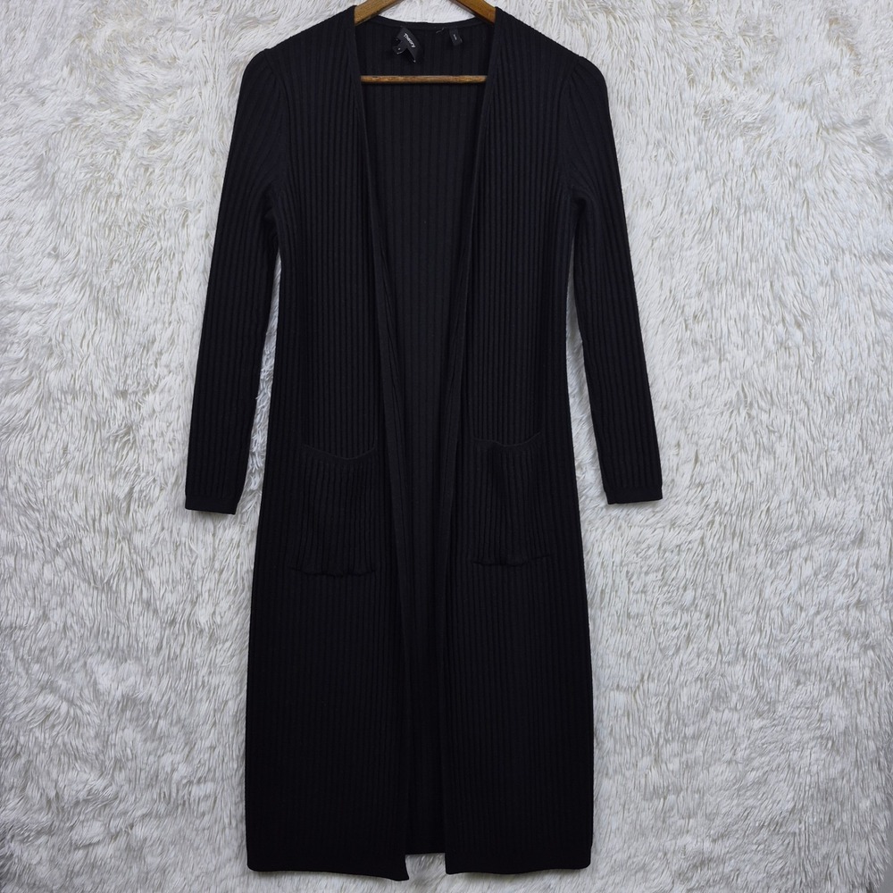 Theory Rib Maxi Cardigan Empire Wool Black Merino Open Front Sweater Small